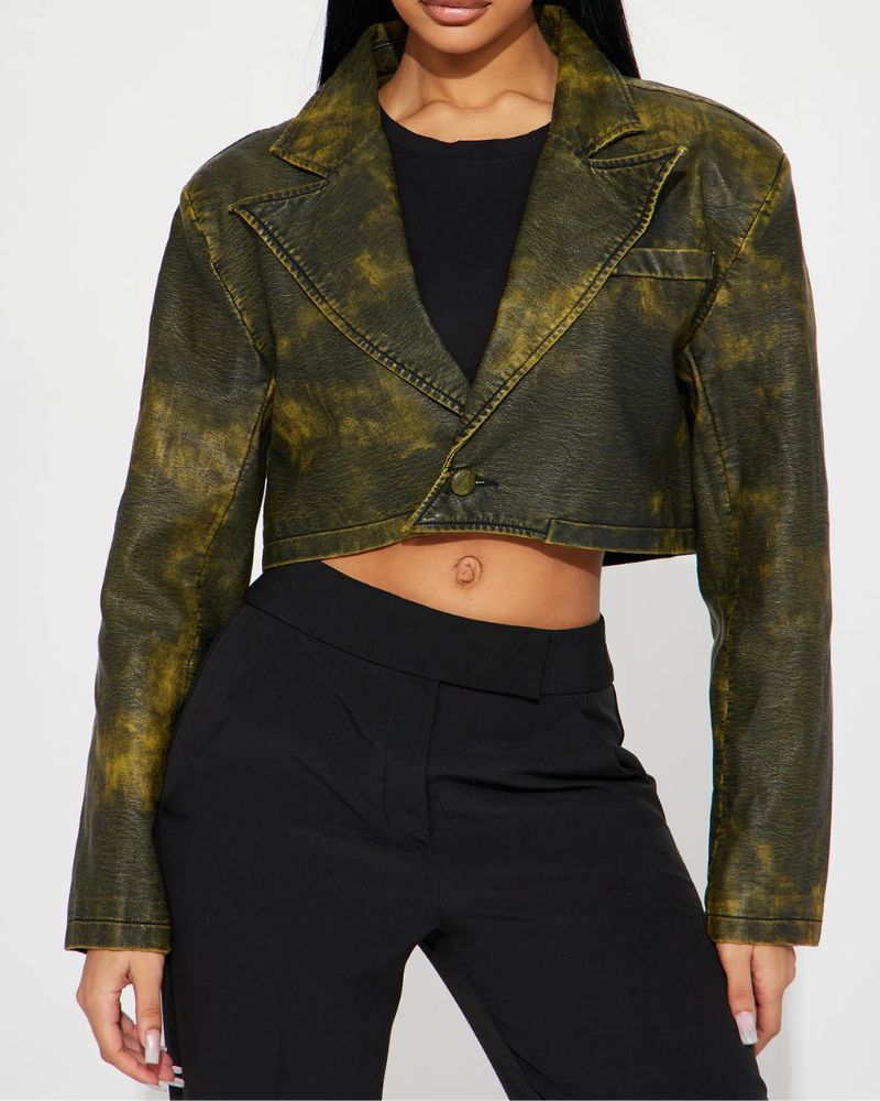 Aline Washed Faux Leather Crop Blazer